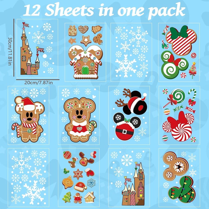 MAXDUCK Christmas Gingerbread Window Cling Decorations - 12 Sheets Double-Sided Christmas Gingerbread Sticker for Window Decor, Mouse, Castle, Snowflake Stickers for Indoor Office Home Decor - Image 4